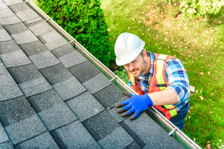 man with hard hat standing on steps inspecting house roof